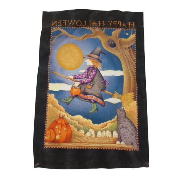 Debbie Mumm Fall Halloween Flag Witch On A Broom, Cat, Pumpkin, Moon - Picture 2 of 4